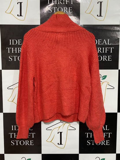 SUZANNE |S | BUST 21 | A74 |  GRAE CORAL ORANGE HALF-ZIP TURTLENECK CHUNKY KNIT SWEATER