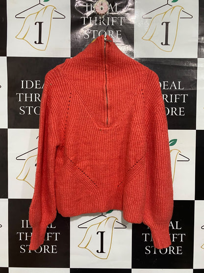 SUZANNE |S | BUST 21 | A74 |  GRAE CORAL ORANGE HALF-ZIP TURTLENECK CHUNKY KNIT SWEATER