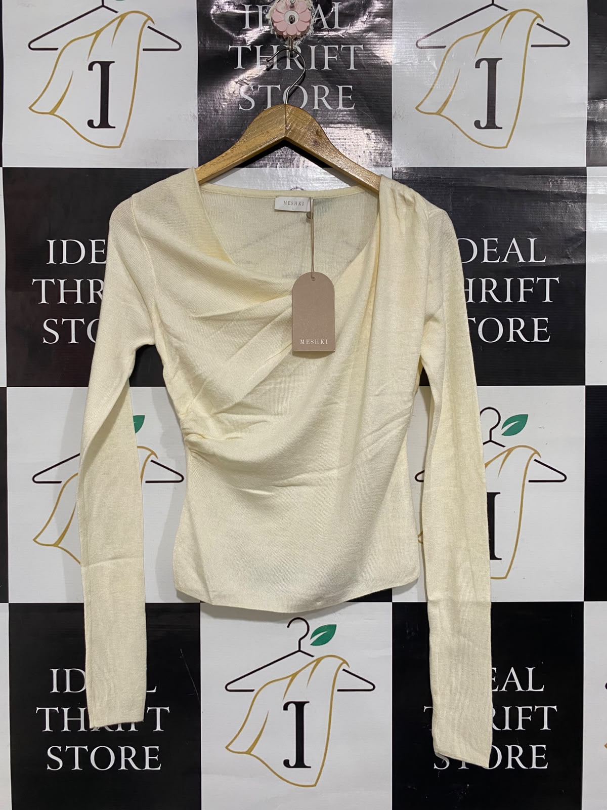 MESHKI  |L | BUST 16 | A73 | OFF-WHITE ASYMMETRIC DRAPED LONG-SLEEVE KNIT TOP