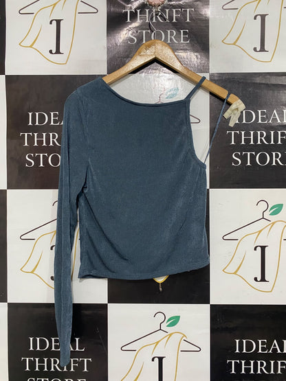 ANKO |S | BUST 14 | A73 |  TEAL ASYMMETRIC ONE-SHOULDER RIBBED LONG-SLEEVE TOP