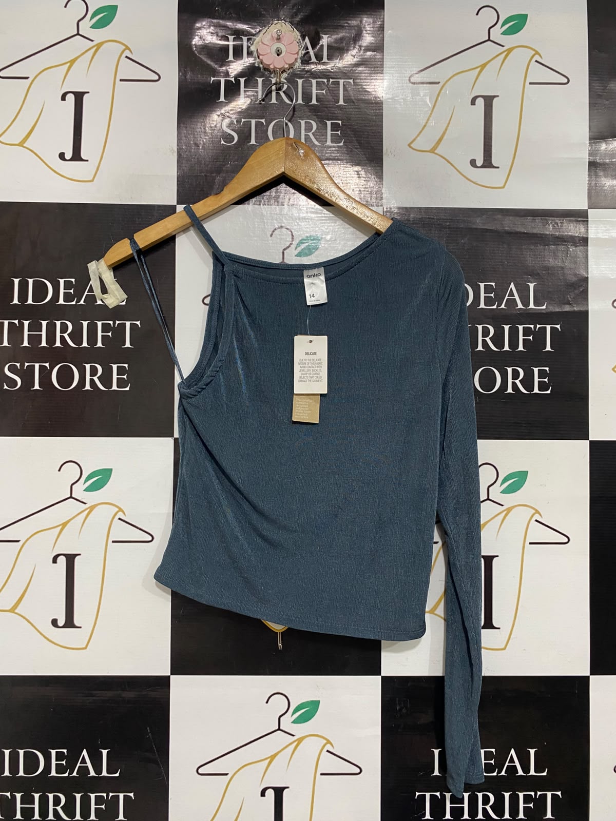 ANKO |S | BUST 14 | A73 |  TEAL ASYMMETRIC ONE-SHOULDER RIBBED LONG-SLEEVE TOP