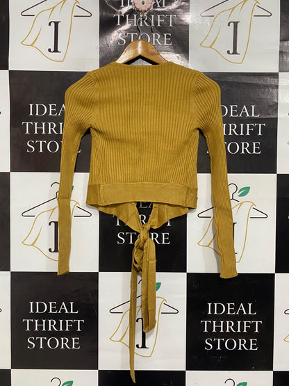 MINKPINK |XS | BUST 12 | A73 |  MUSTARD RIBBED TIE-FRONT LONG-SLEEVE CROP TOP