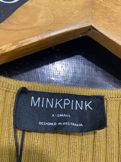 MINKPINK |XS | BUST 12 | A73 |  MUSTARD RIBBED TIE-FRONT LONG-SLEEVE CROP TOP