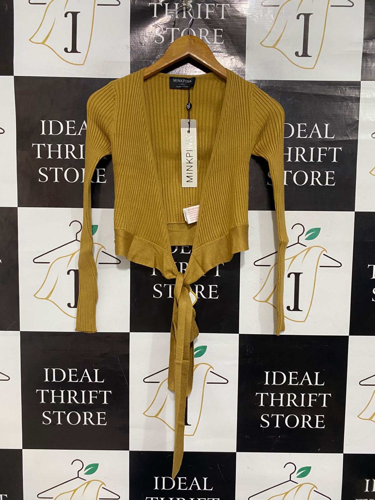 MINKPINK |XS | BUST 12 | A73 |  MUSTARD RIBBED TIE-FRONT LONG-SLEEVE CROP TOP