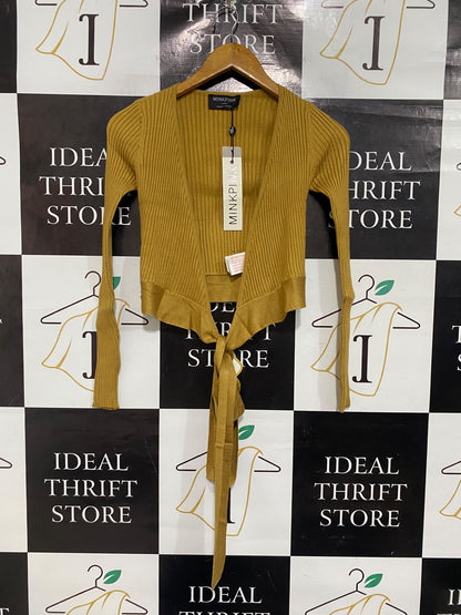 MINKPINK |XS | BUST 12 | A73 |  MUSTARD RIBBED TIE-FRONT LONG-SLEEVE CROP TOP