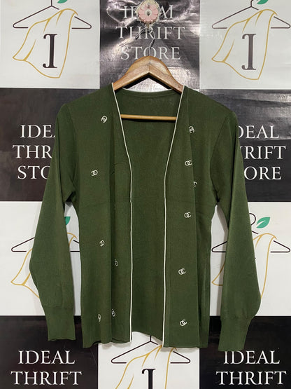 |M | BUST 21 | A73 |  OLIVE GREEN EMBROIDERED OPEN-FRONT KNIT CARDIGAN