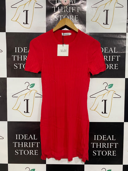 ATMOS & HERE  |S | BUST 15 | A73 |  RED RIBBED SHORT-SLEEVE KNIT MIDI DRESS