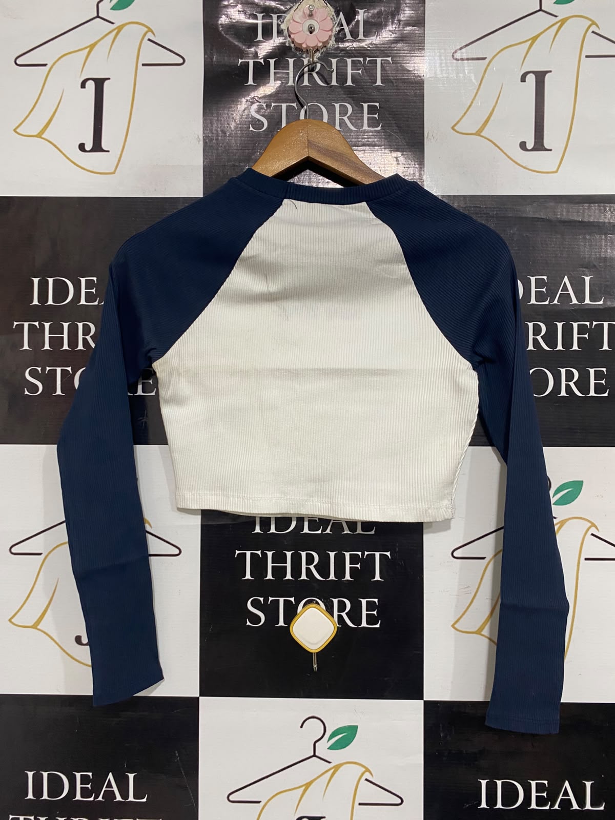 ZARA |M | BUST 15 | A73 |   "NEW YORK" BLUE & WHITE COLORBLOCK RIBBED LONG-SLEEVE CROP TOP