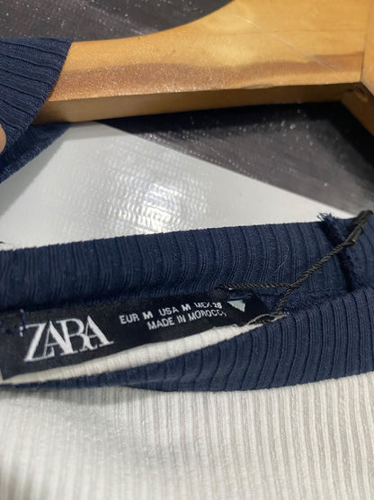 ZARA |M | BUST 15 | A73 |   "NEW YORK" BLUE & WHITE COLORBLOCK RIBBED LONG-SLEEVE CROP TOP