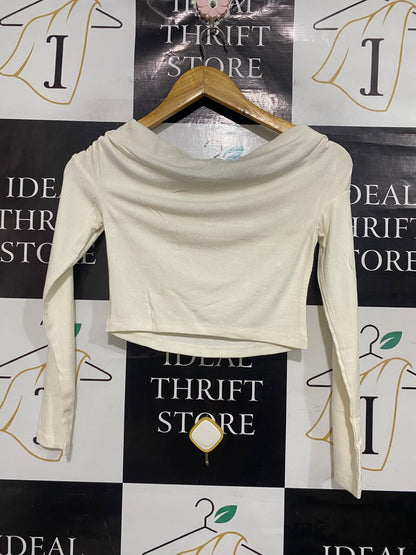 BERSHKA |S | BUST 14 | A73 |   OFF-SHOULDER RUCHED OFF-WHITE LONG-SLEEVE CROP TOP