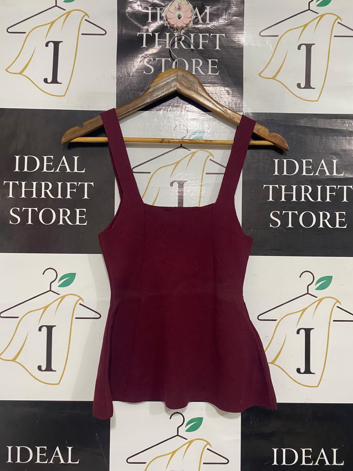 MANGO |S | BUST 12 | A73 |   MAROON SQUARE-NECK PEPLUM KNIT TOP