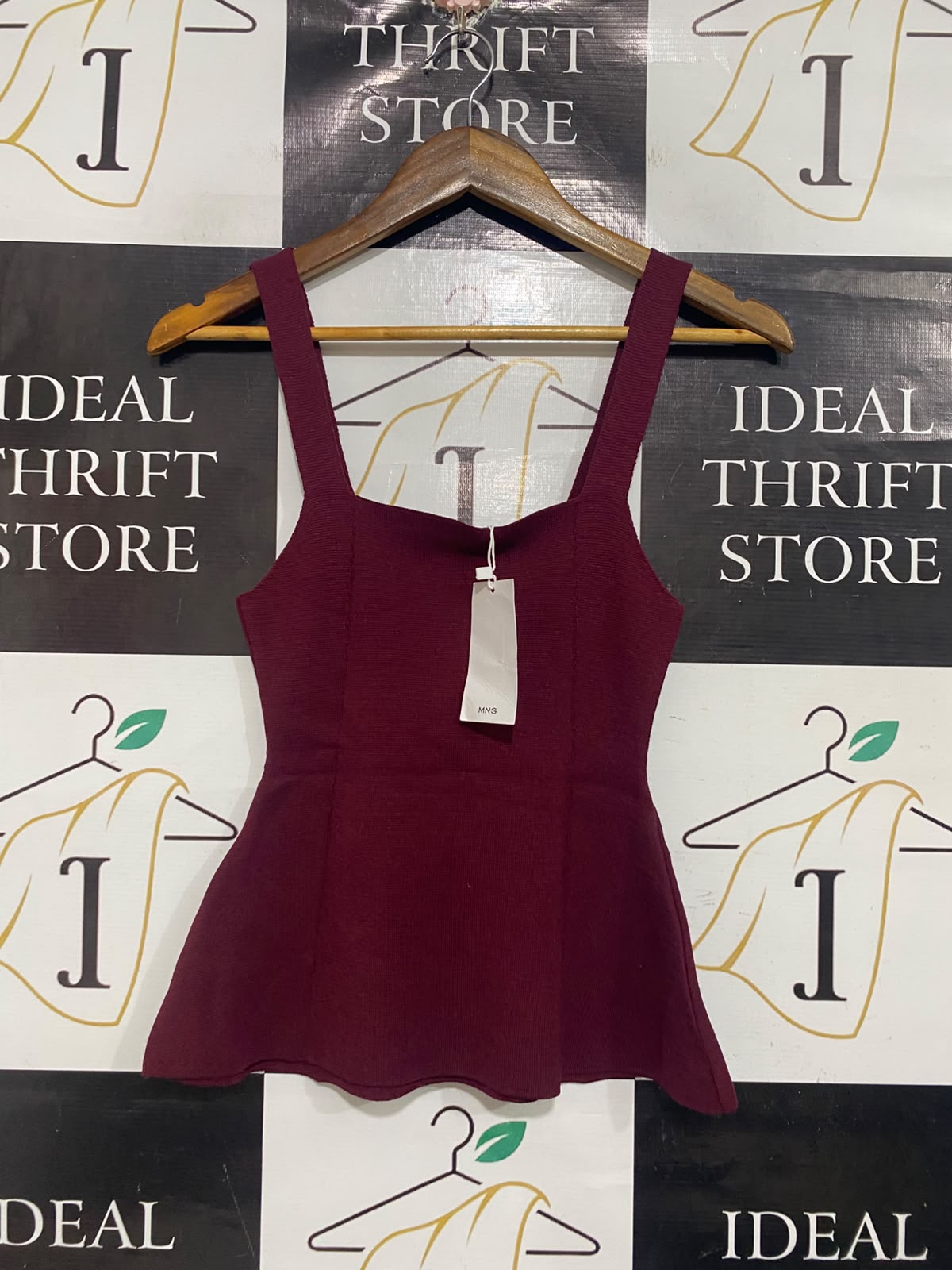 MANGO |S | BUST 12 | A73 |   MAROON SQUARE-NECK PEPLUM KNIT TOP