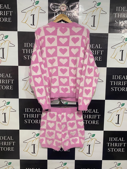 PETER ALEXANDER |S/M |  A73 |   PINK CHECKERED HEART FUZZY KNIT CARDIGAN & SHORTS LOUNGE SET