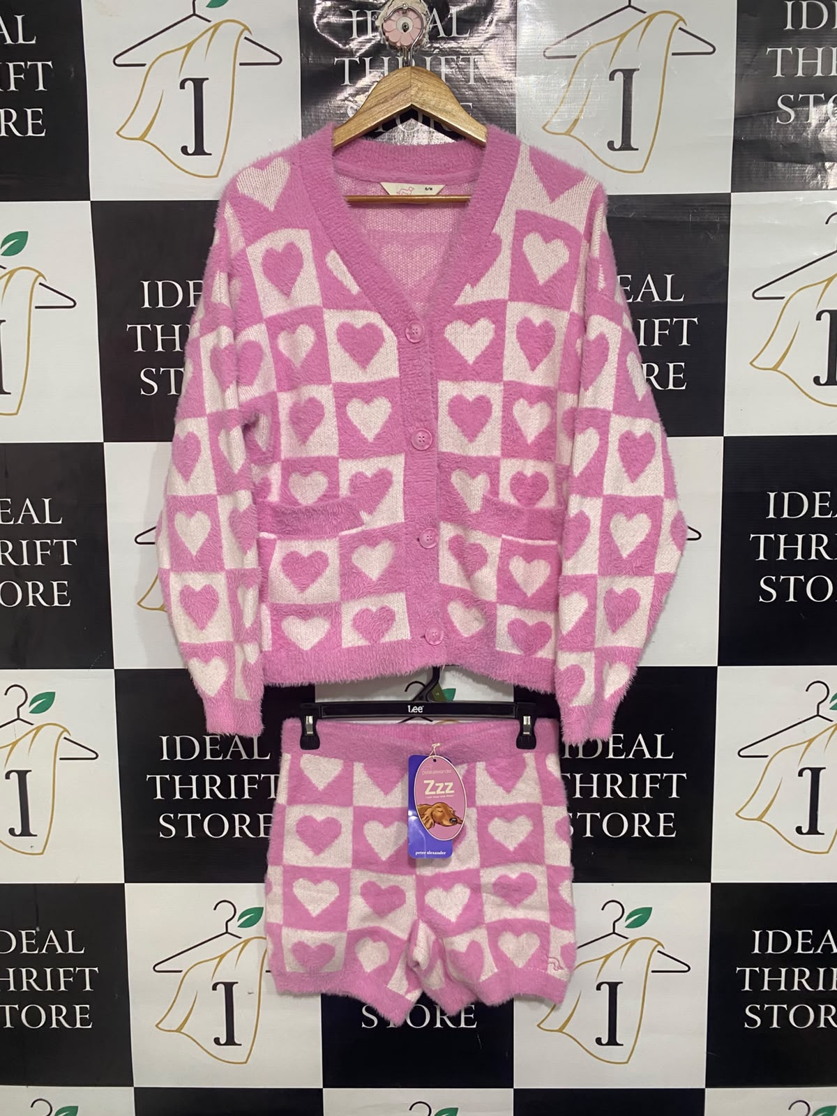 PETER ALEXANDER |S/M |  A73 |   PINK CHECKERED HEART FUZZY KNIT CARDIGAN & SHORTS LOUNGE SET