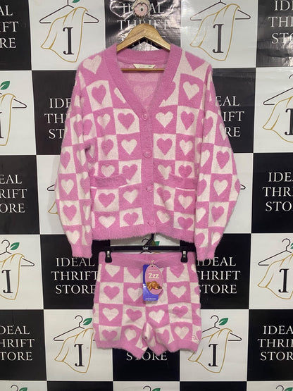 PETER ALEXANDER |S/M |  A73 |   PINK CHECKERED HEART FUZZY KNIT CARDIGAN & SHORTS LOUNGE SET