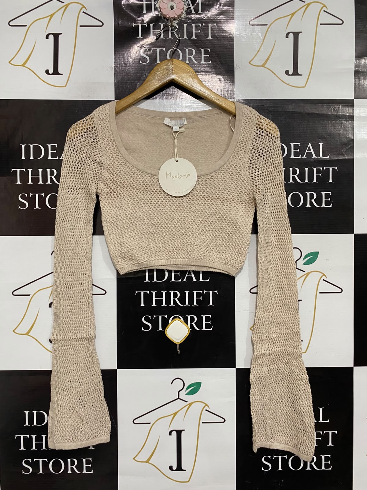 MOOLOOLA |S | BUST 14| A73 |   BEIGE OPEN-KNIT SCOOP-NECK CROP TOP