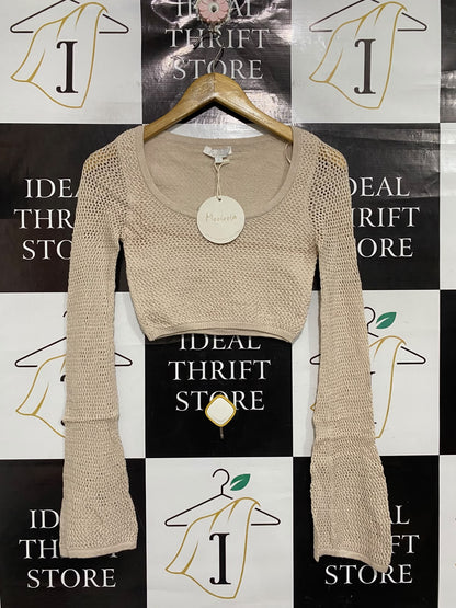 MOOLOOLA |S | BUST 14| A73 |   BEIGE OPEN-KNIT SCOOP-NECK CROP TOP