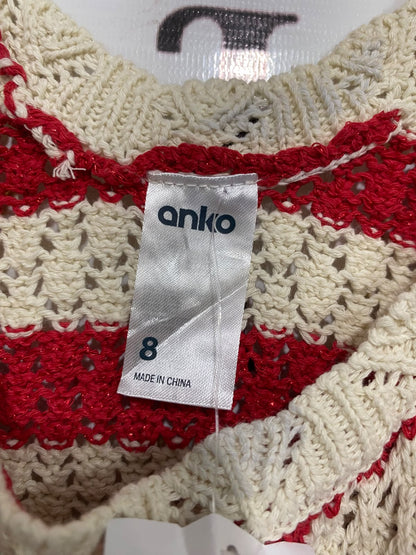 ANKO |S | BUST 13 | A73 |   RED & OFF-WHITE STRIPED CROCHET TANK TOP