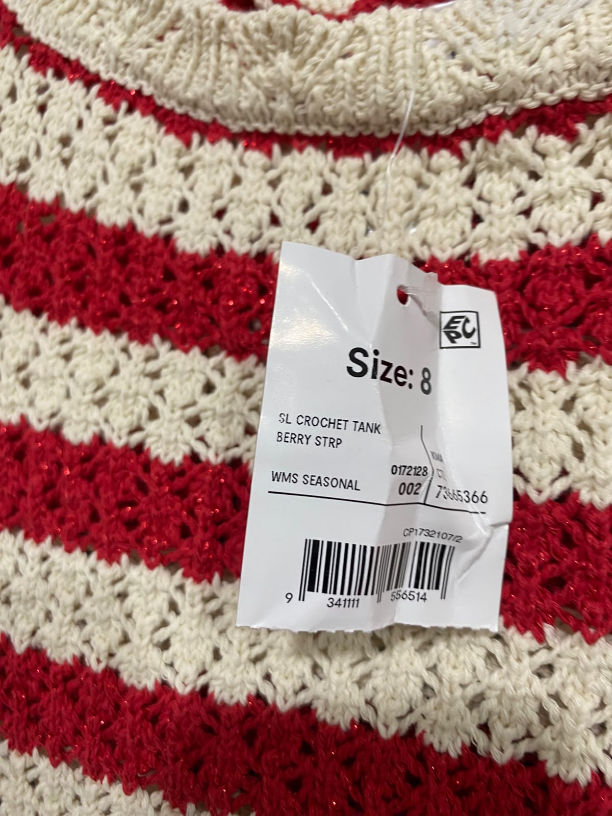 ANKO |S | BUST 13 | A73 |   RED & OFF-WHITE STRIPED CROCHET TANK TOP