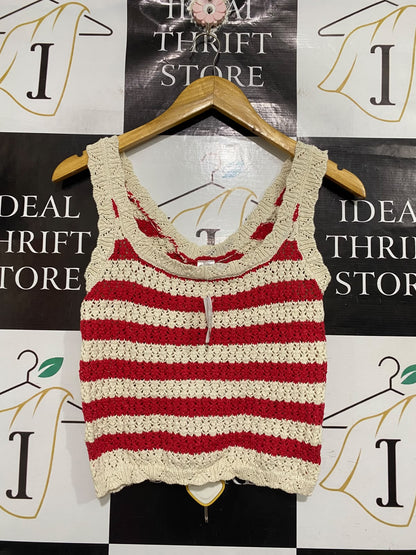 ANKO |S | BUST 13 | A73 |   RED & OFF-WHITE STRIPED CROCHET TANK TOP