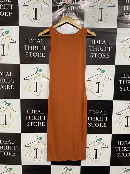 BOOHOO |S | BUST 13 | A73 |   RUST BROWN RIBBED SCOOP-NECK MIDI DRESS