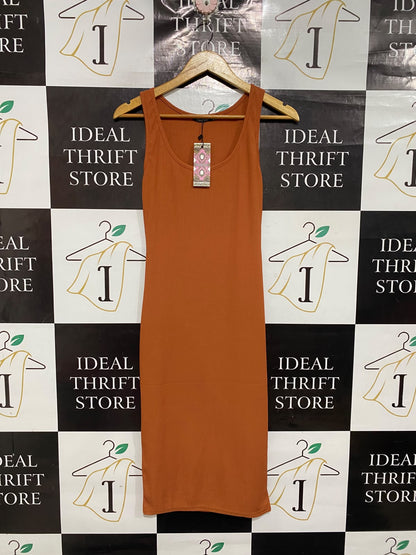 BOOHOO |S | BUST 13 | A73 |   RUST BROWN RIBBED SCOOP-NECK MIDI DRESS