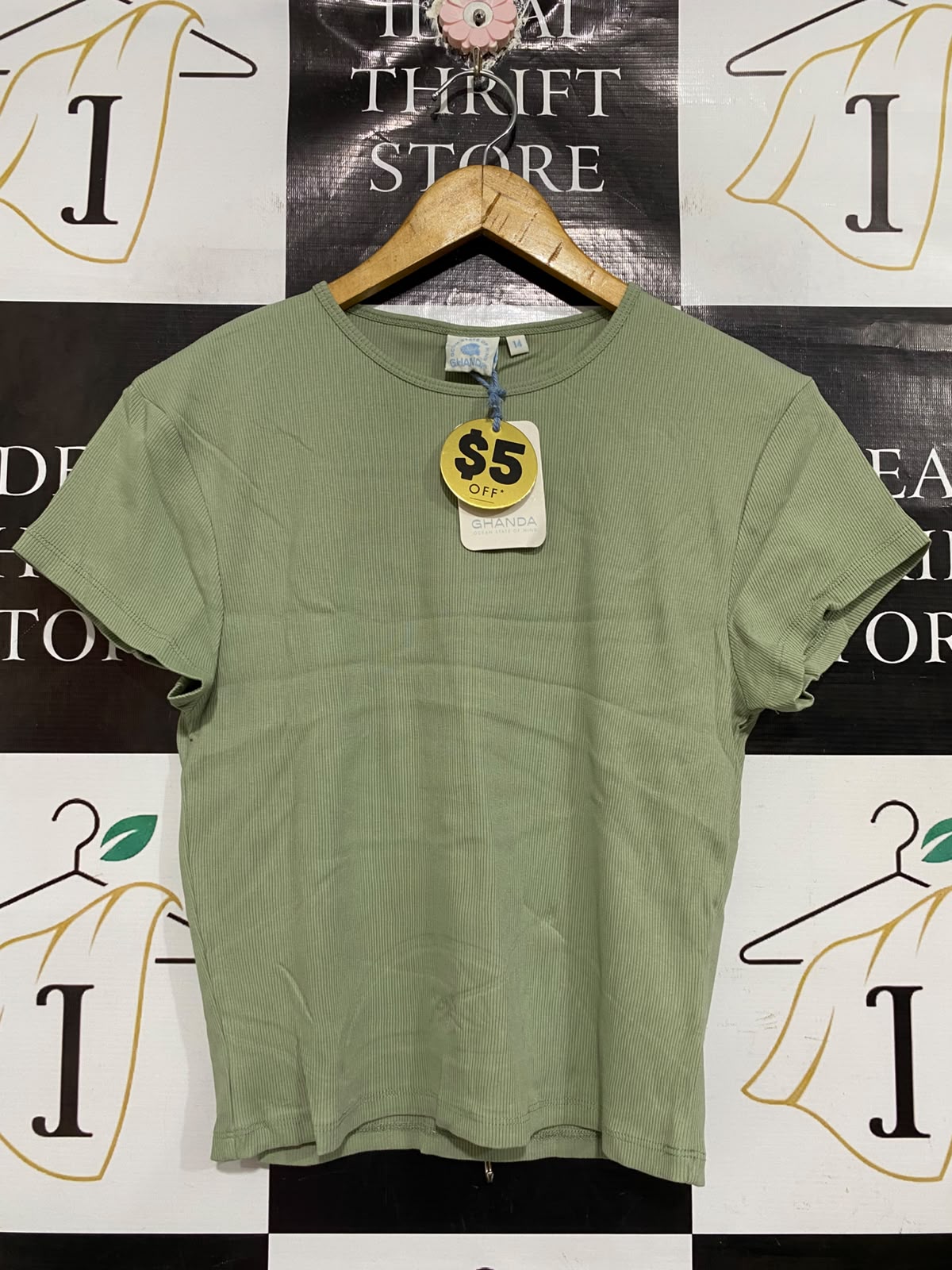 GHANDA |M | BUST 17 | A73 |   SAGE GREEN RIBBED CREW-NECK SHORT-SLEEVE TEE