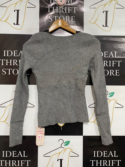 RABBIT LINE |XS | BUST 13 | A73 |   GREY LACE-TRIM TWIST-FRONT LONG-SLEEVE TOP