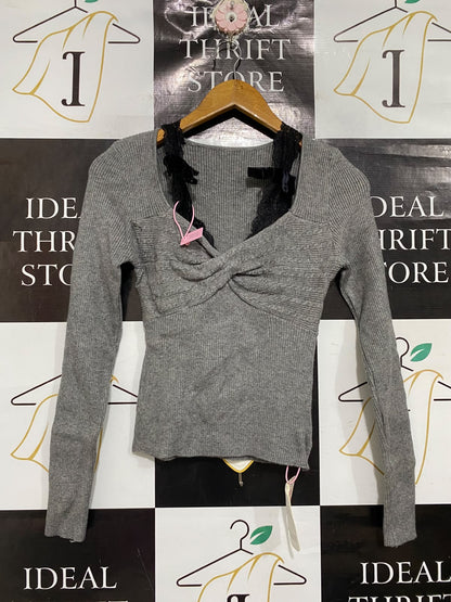 RABBIT LINE |XS | BUST 13 | A73 |   GREY LACE-TRIM TWIST-FRONT LONG-SLEEVE TOP