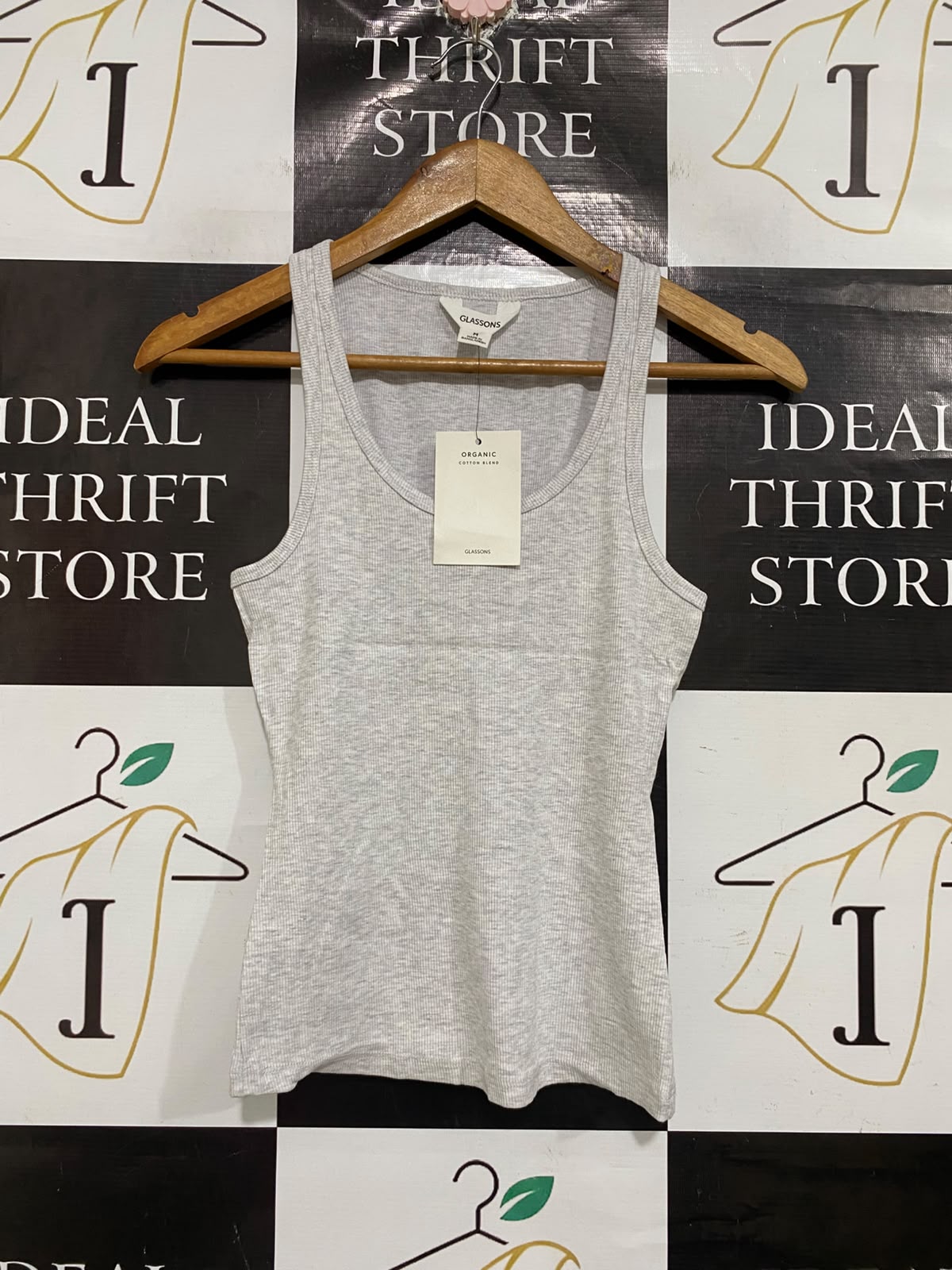 GLASSONS |M | BUST 13 | A73 |   GREY ORGANIC COTTON RIBBED SCOOP-NECK TANK TOP