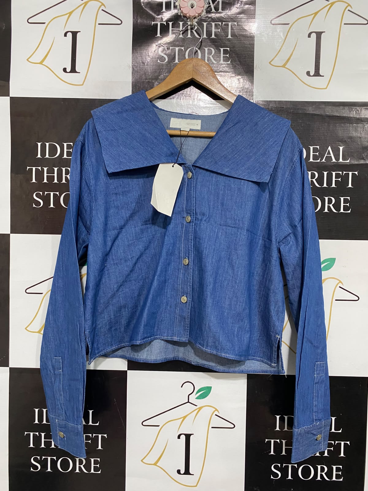 ZARA |XS | BUST 21 | A73 |   BLUE SAILOR COLLAR DENIM SHIRT