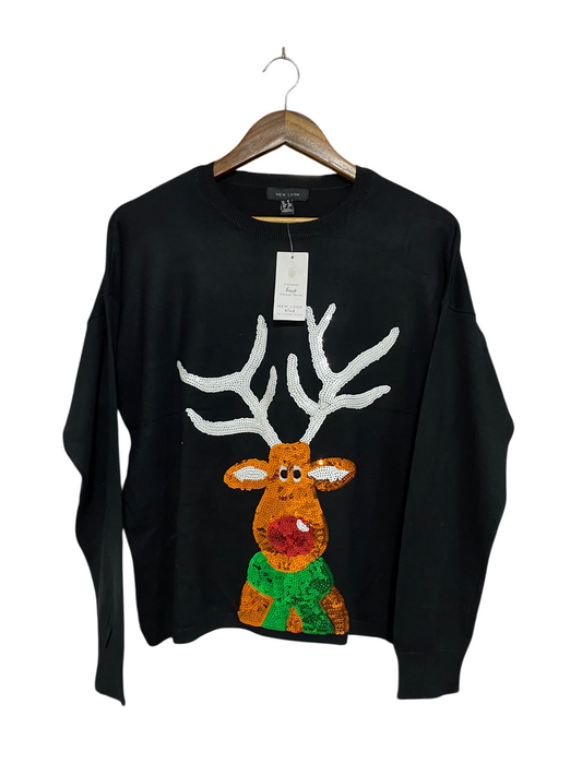 NEW LOOK |M | BUST 22 | A74| BLACK SEQUIN REINDEER CHRISTMAS JUMPER