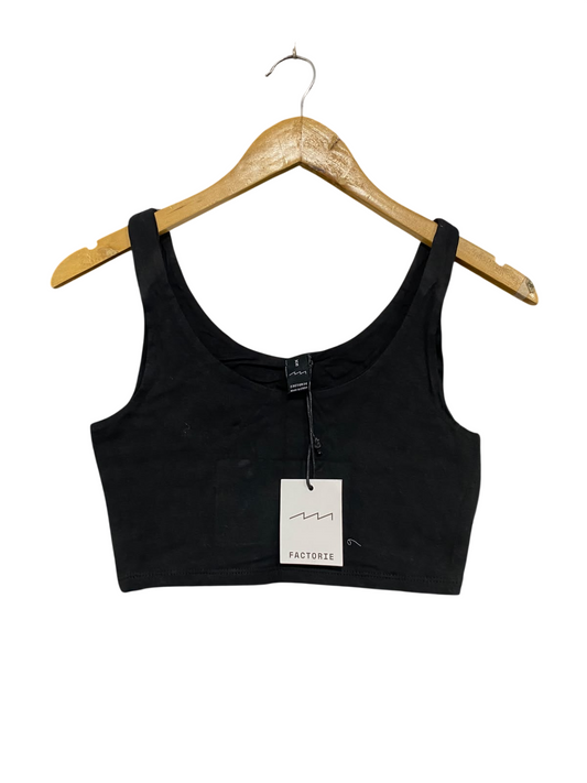 FACTORIE |XS | BUST 14 | A74 | BLACK SCOOP-NECK CROP TANK TOP