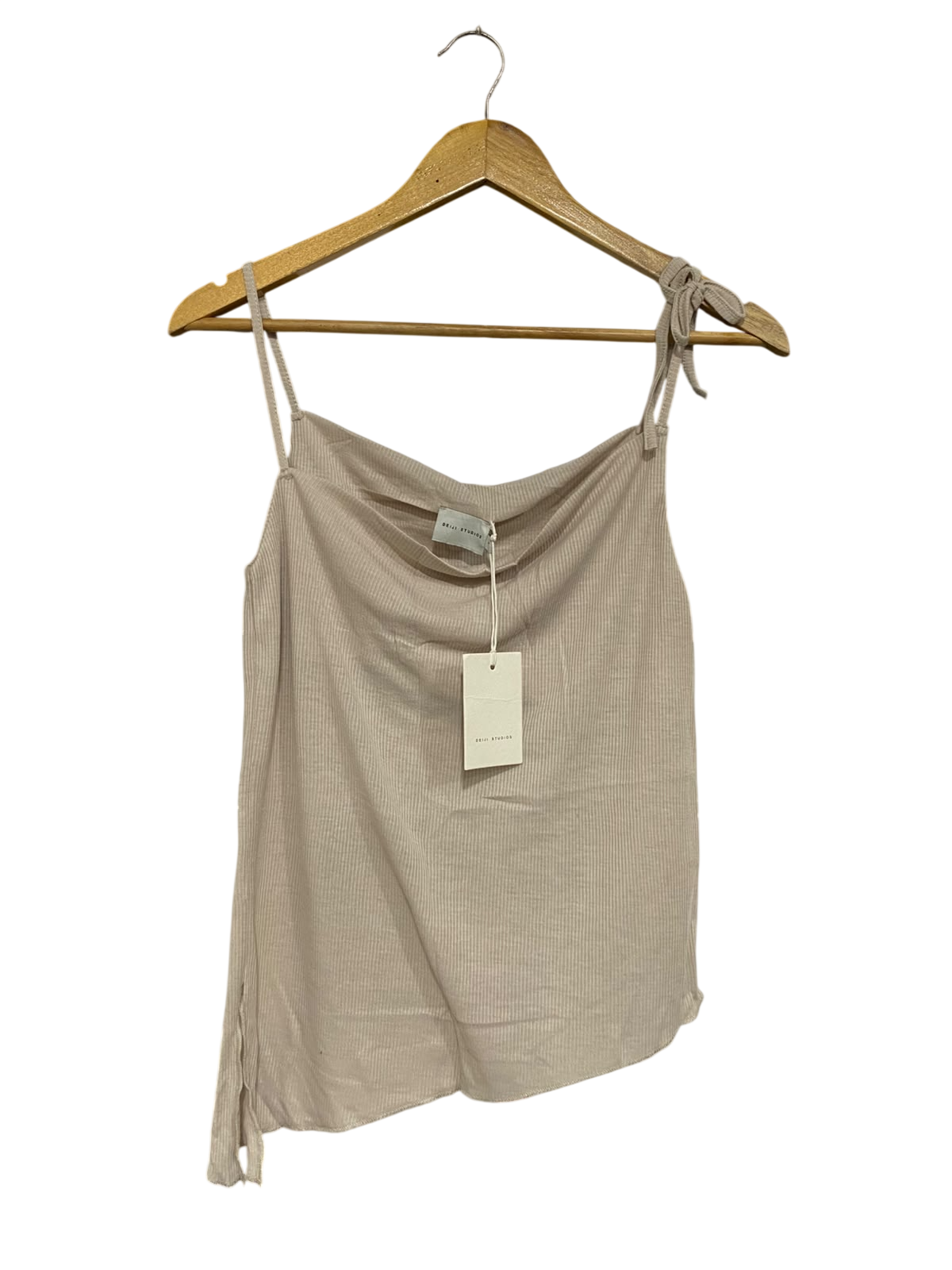 DEIJI STUDIOS |S | BUST 15 | A74 |  BEIGE COWL-NECK TIE-STRAP RIBBED CAMI TOP