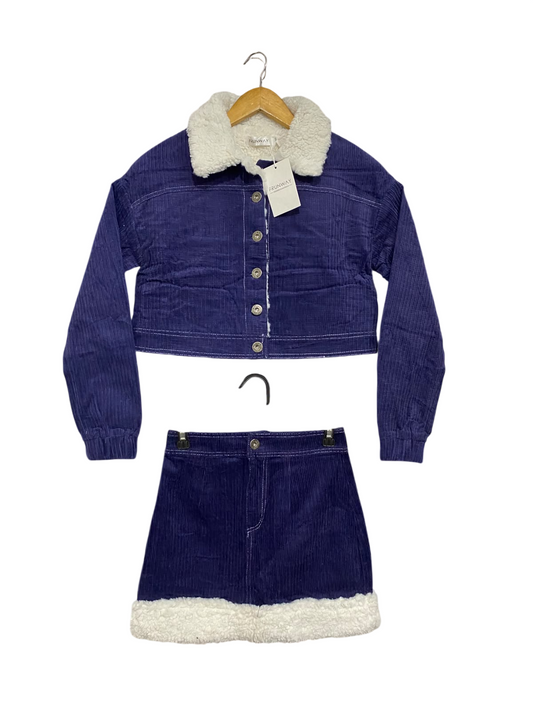 FRUNWAY | XS | A74 |  BLUE CORDUROY SHERPA-TRIM JACKET & SKIRT TWO-PIECE SET