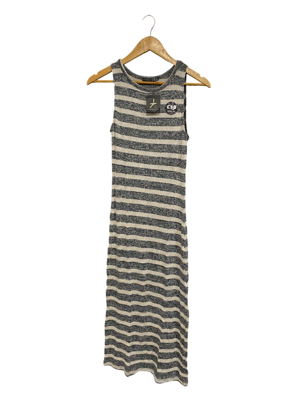 ATMOSPHERE |M | BUST 14 | A75|  GREY STRIPED SLEEVELESS KNIT MIDI DRESS