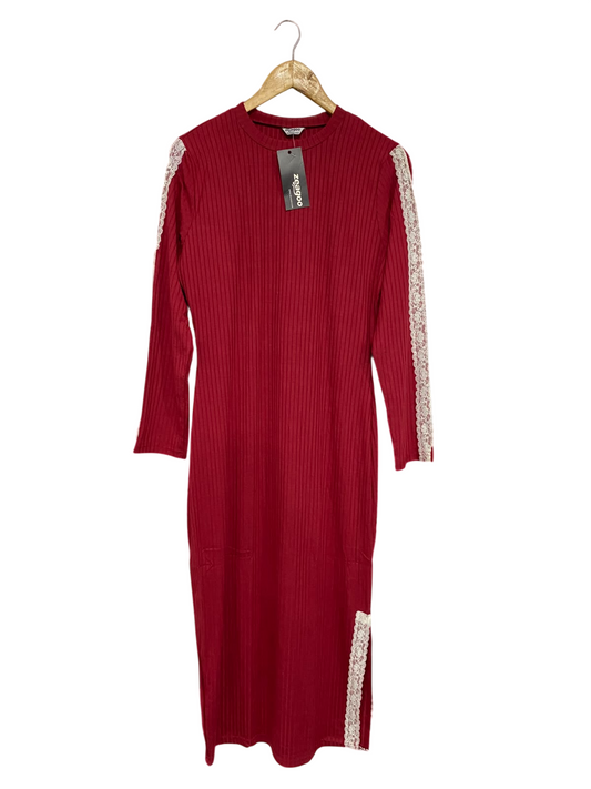 ZEAGOO |L | BUST 19 | A75|  RED LACE-TRIM RIBBED KNIT MIDI DRESS