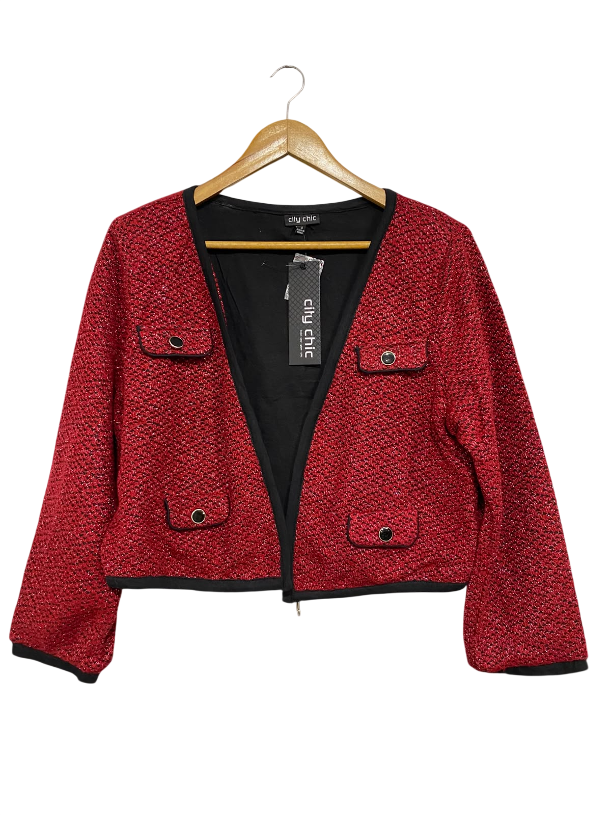 CITY CHIC |S | BUST 22 | A75|  RED TWEED OPEN-FRONT CROPPED JACKET