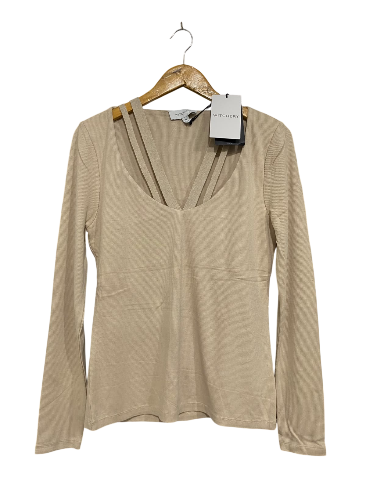 WITCHERY |M | BUST 17 | A75|  BEIGE STRAPPY V-NECK RIBBED KNIT TOP