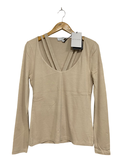 WITCHERY |M | BUST 17 | A75|  BEIGE STRAPPY V-NECK RIBBED KNIT TOP