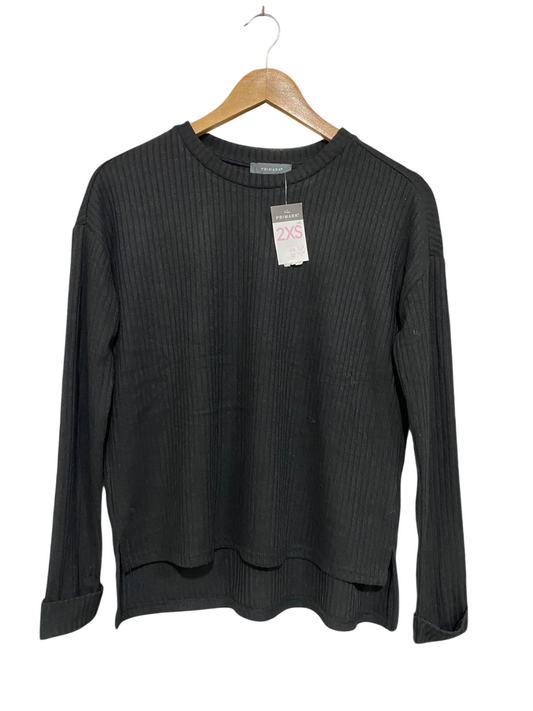 PRIMARK |XS | BUST 19 | A75|  BLACK RIBBED CREW-NECK HIGH-LOW TOP