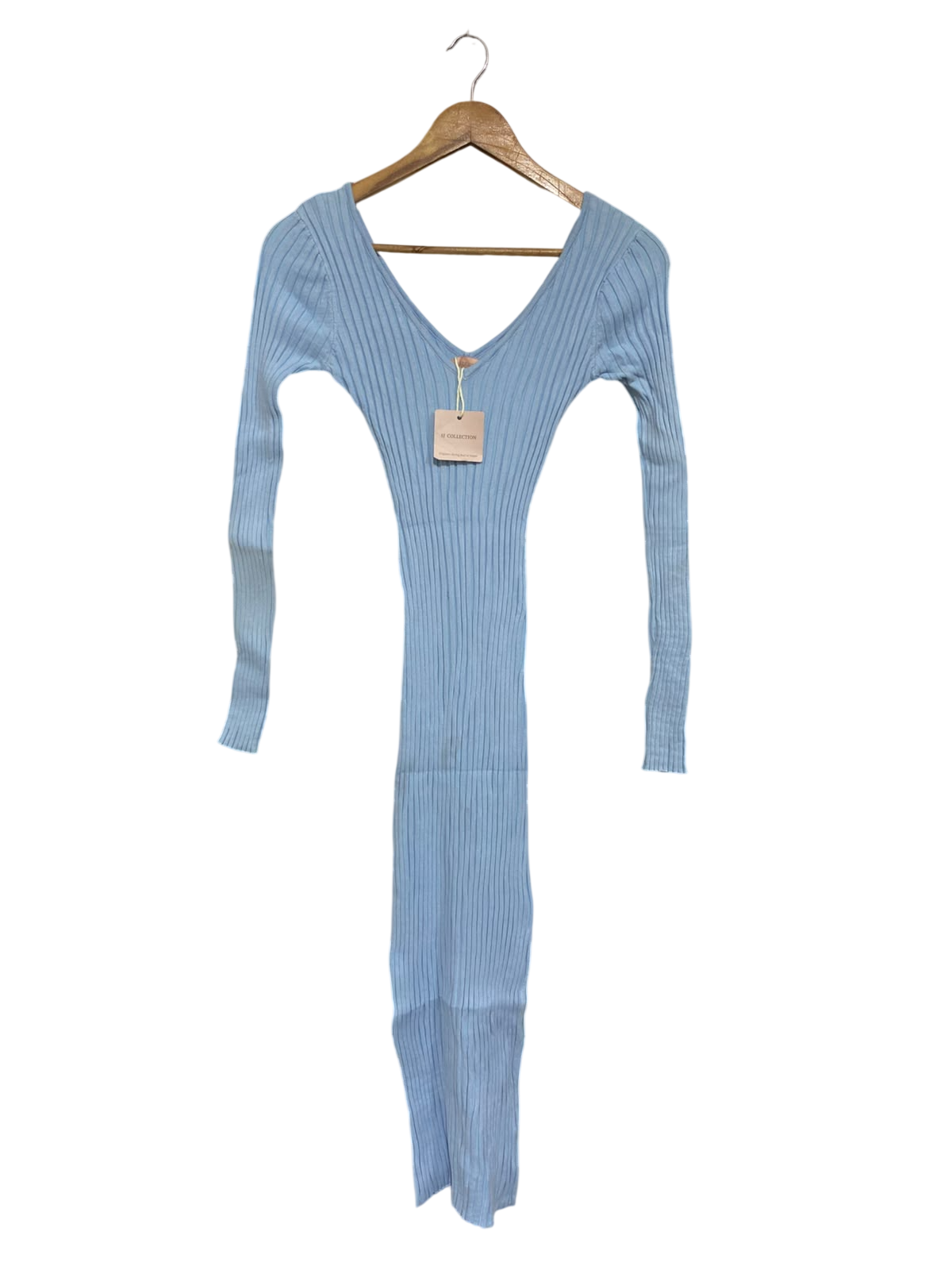 SJ COLLECTION |XS | BUST 12 | A75|  BABY BLUE V-NECK RIBBED KNIT MIDI DRESS