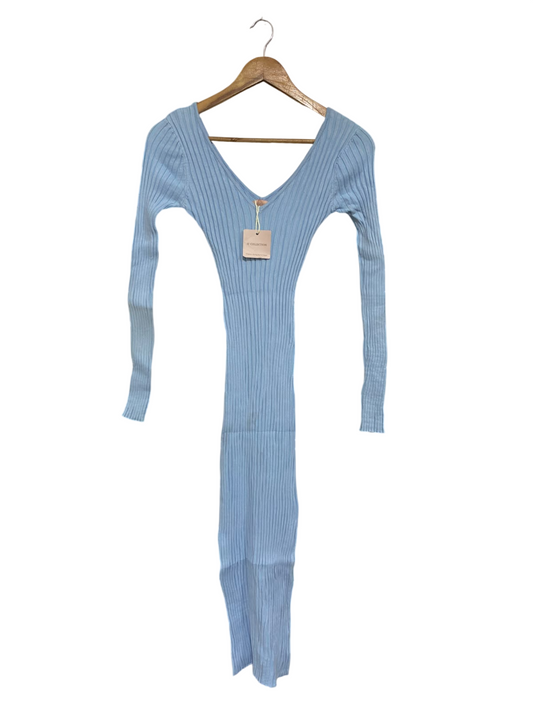 SJ COLLECTION |XS | BUST 12 | A75|  BABY BLUE V-NECK RIBBED KNIT MIDI DRESS