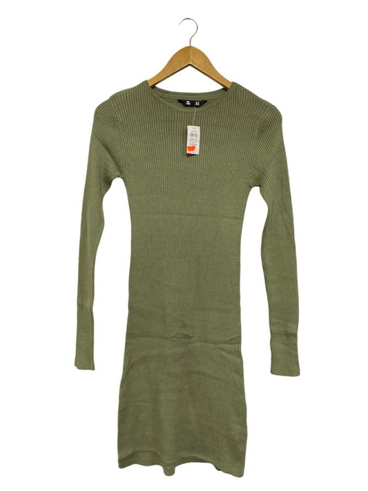 JAY JAYS  |XS | BUST 13 | A75| OLIVE GREEN RIBBED CREW-NECK KNIT MIDI DRESS