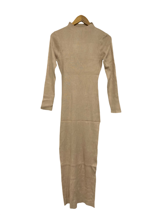 SPRING ROAD |S | BUST 15 | A75|  BEIGE MOCK-NECK RIBBED KNIT MIDI DRESS