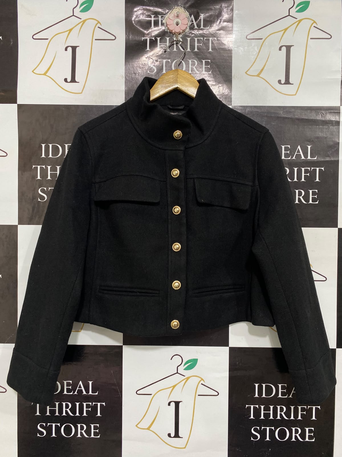 RIVER ISLAND | M | BUST 22 | A75|  STUDIOS BLACK GOLD-BUTTON STAND-COLLAR JACKET
