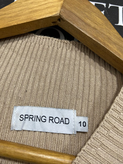 SPRING ROAD |S | BUST 15 | A75|  BEIGE MOCK-NECK RIBBED KNIT MIDI DRESS