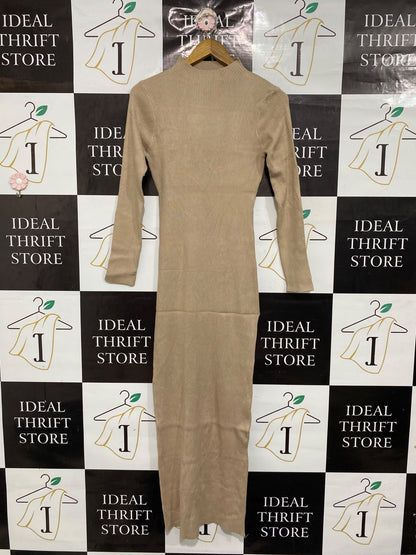 SPRING ROAD |S | BUST 15 | A75|  BEIGE MOCK-NECK RIBBED KNIT MIDI DRESS