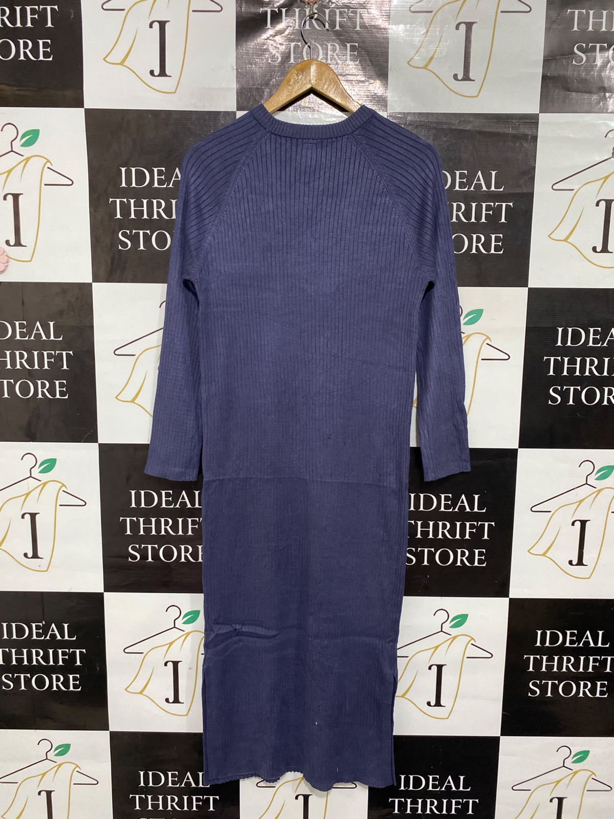 ANKO |S | BUST 17 | A75|  BLUE RIBBED CREW-NECK KNIT MIDI DRESS