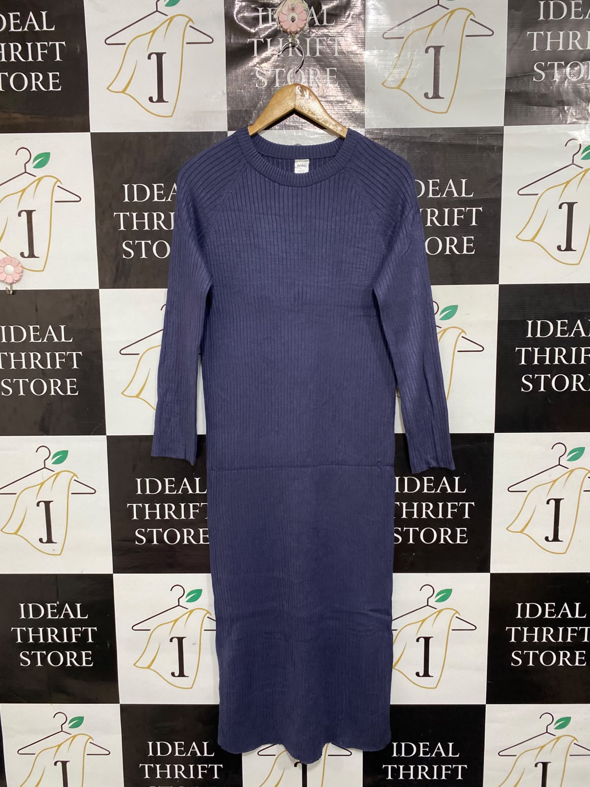 ANKO |S | BUST 17 | A75|  BLUE RIBBED CREW-NECK KNIT MIDI DRESS